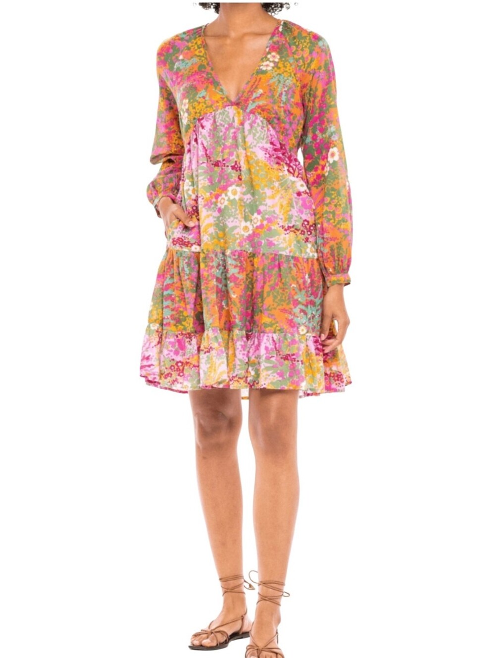 Banjanan Hillary Mini Dress In Loki's Garden Caramel Lilac Long-Sleeve Tiered